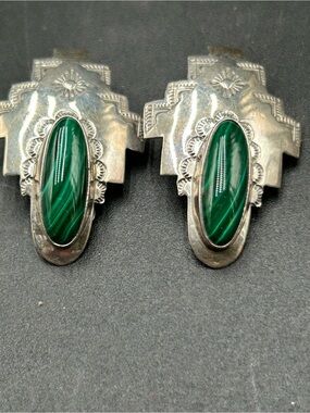 Sterling Silver Green Malachite Oval Drop Earrings